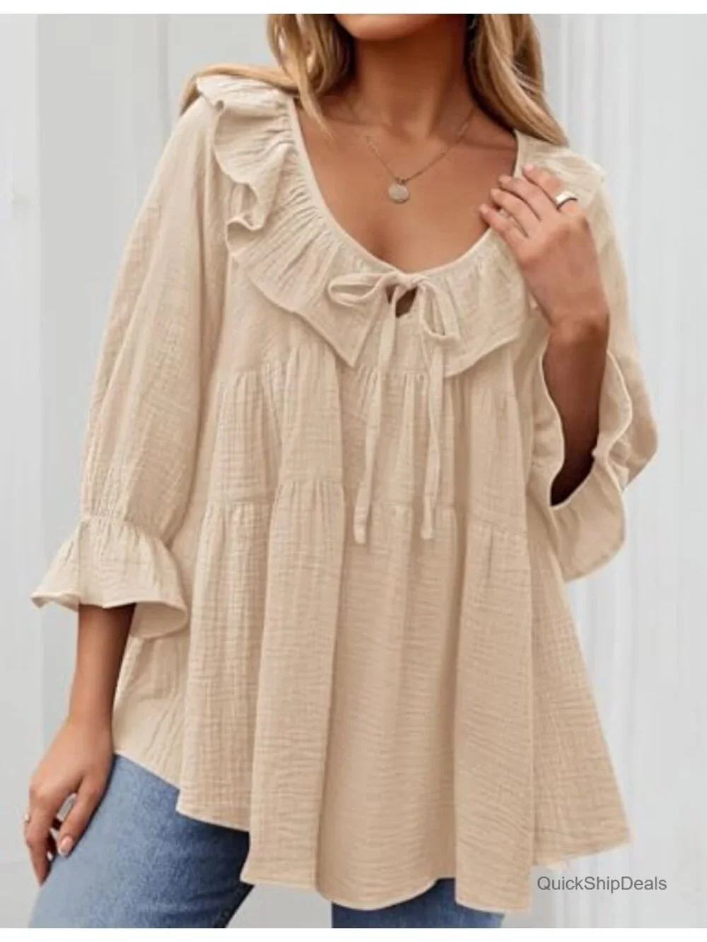 3/4 Sleeve Scoop Neck Tie Front Ruffle Tunic Blouse